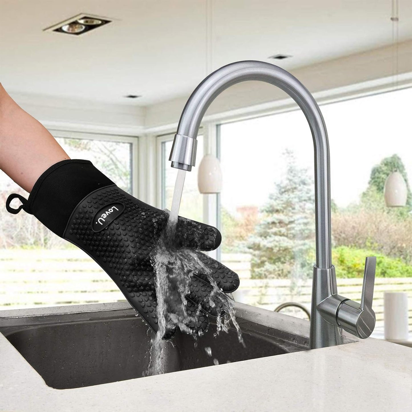 Kitchen Oven Gloves - Dual-Layer Heat Resistant Grilling Gloves, Silicone Oven Mitts with 5