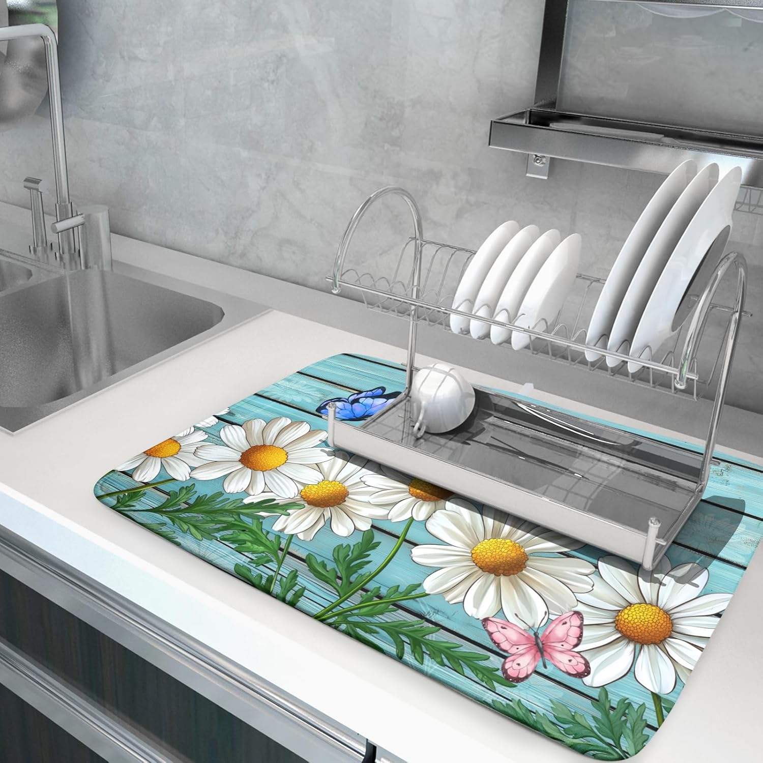 Spring Summer Daisy Flowers Dish Drying Mat for Kitchen Counter 18”x24” Rustic Daisy Absorbent Dish