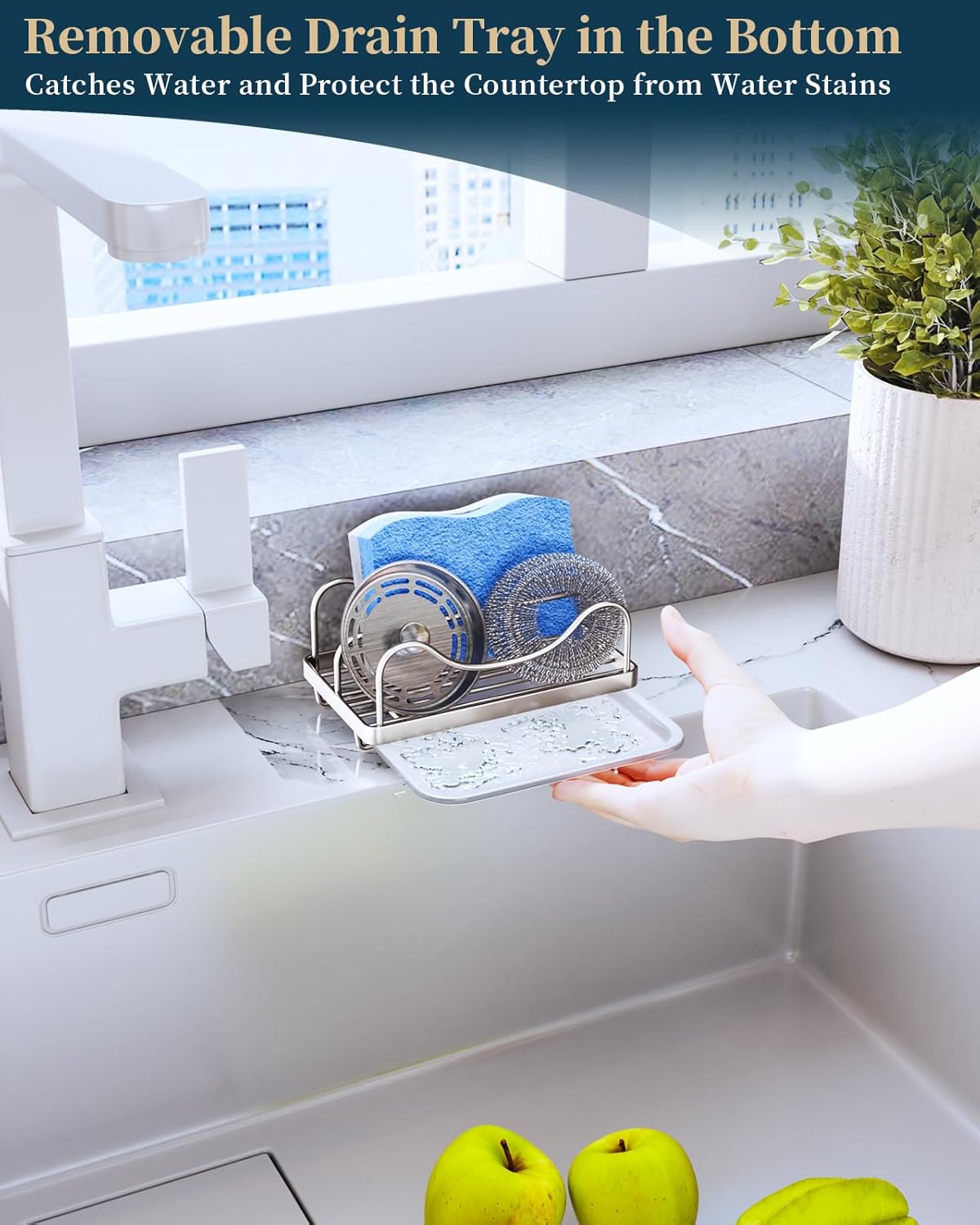 Consumest Sponge Holder for Kitchen Sink - Movable Sink Caddy for Countertop Organizer, 304