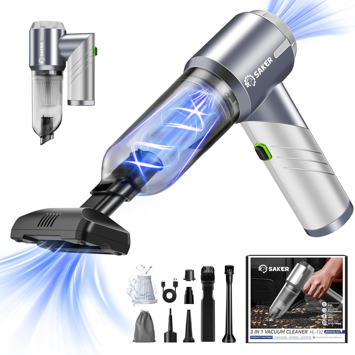 Saker Car Vacuum Cleaner 17000PA Foldable 3 in 1 Mini Handheld Vacuums Portable Cordless with