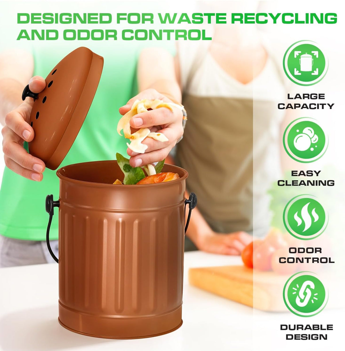 Plexon Countertop Compost Bin Kitchen Indoor, with Lid, Copper 1.5 Gallon Odorless Kitchen Compost