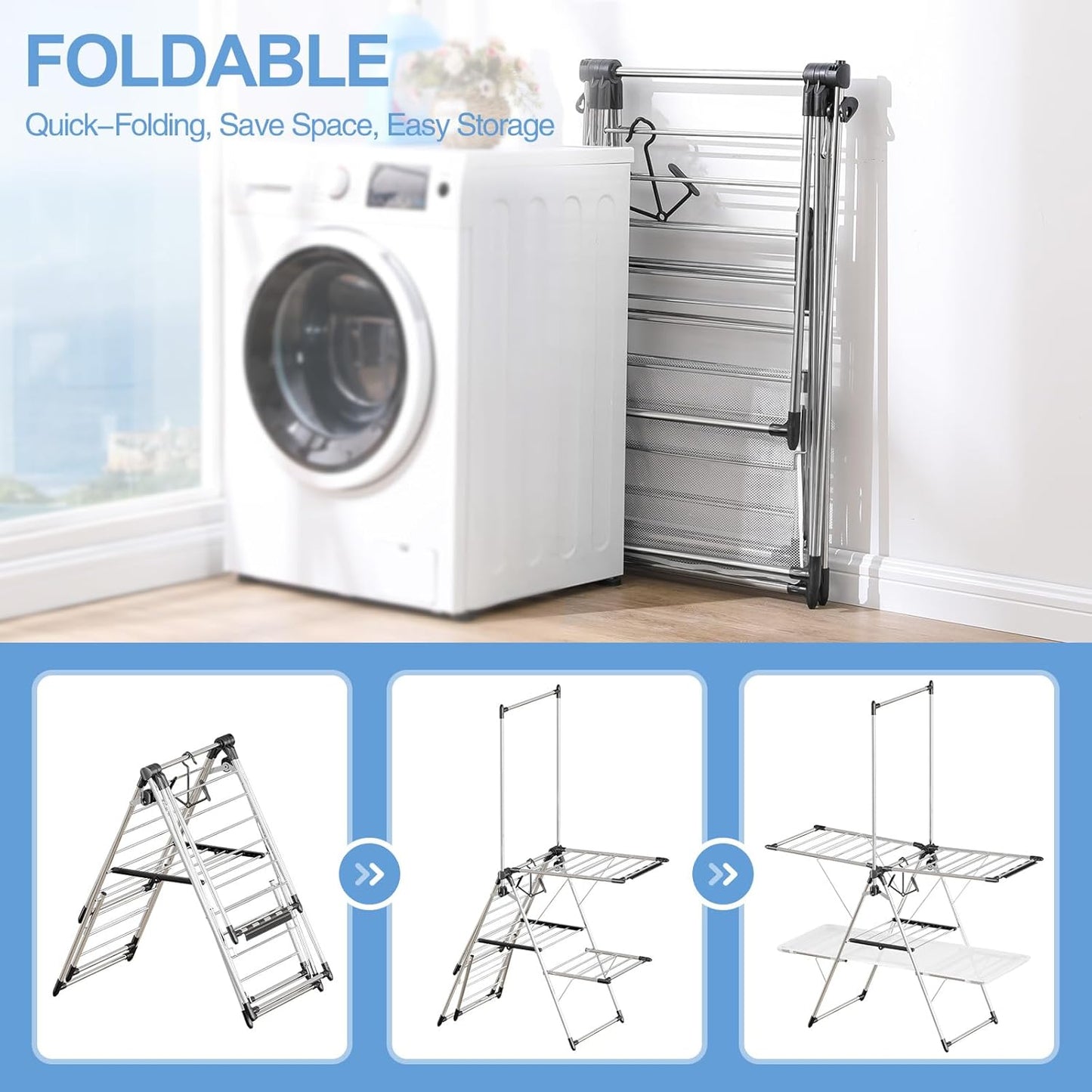APEXCHASER Clothes Drying Rack, Foldable 2-Level Drying Racks with High Hanger, Metal Laundry Stand