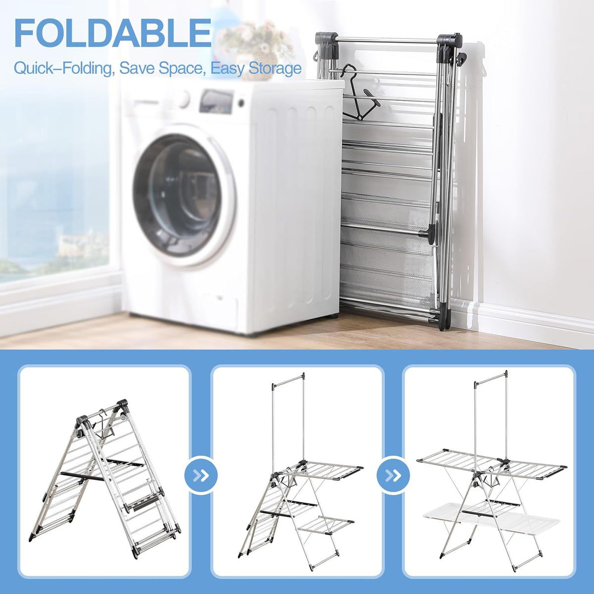 APEXCHASER Clothes Drying Rack, Foldable 2-Level Drying Racks with High Hanger, Metal Laundry Stand