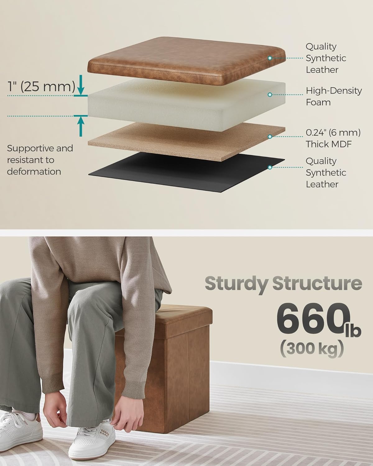 SONGMICS Mazie Collection - 15 Inches Ottoman with Storage, Footstool, Storage Ottoman, Load 660