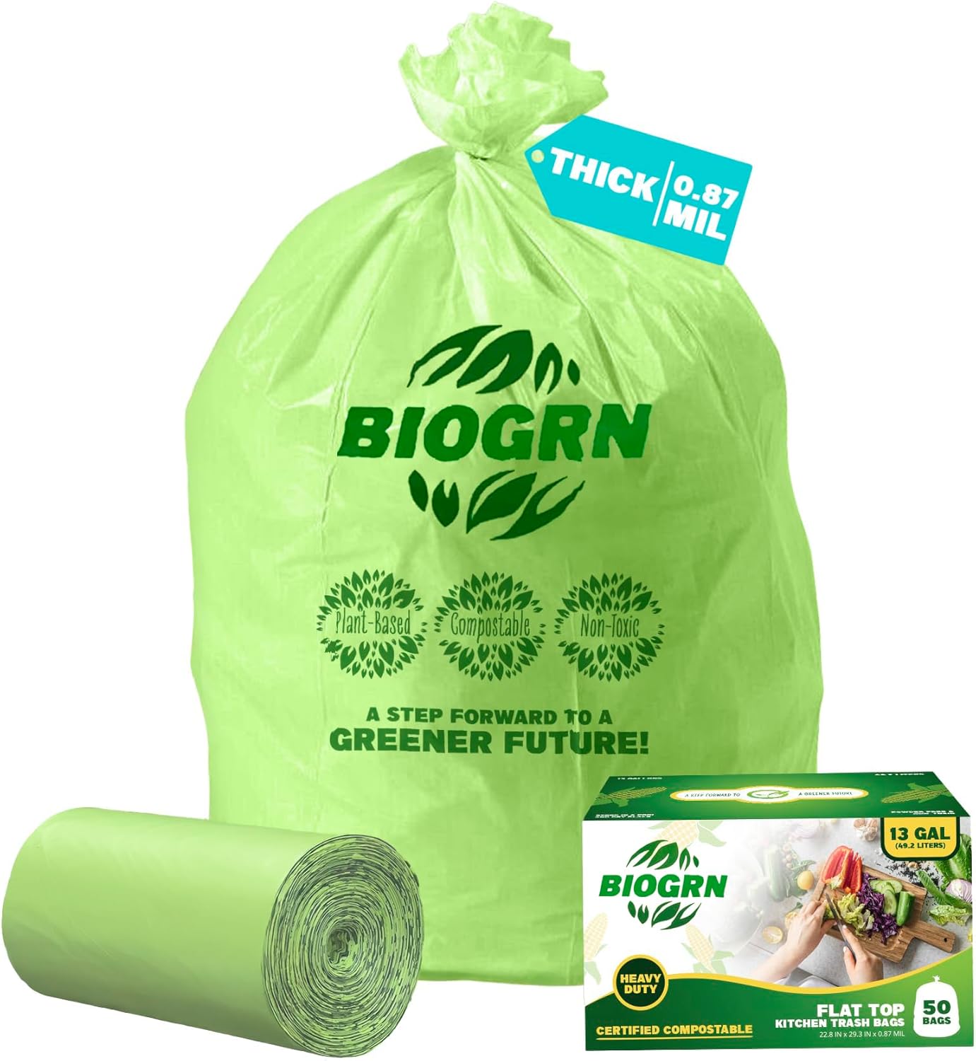 10-13 Gallon Compostable Trash Bags with Flat-Top 50 Bags Thick 0.87 Mil Leakproof Plant-based Tall
