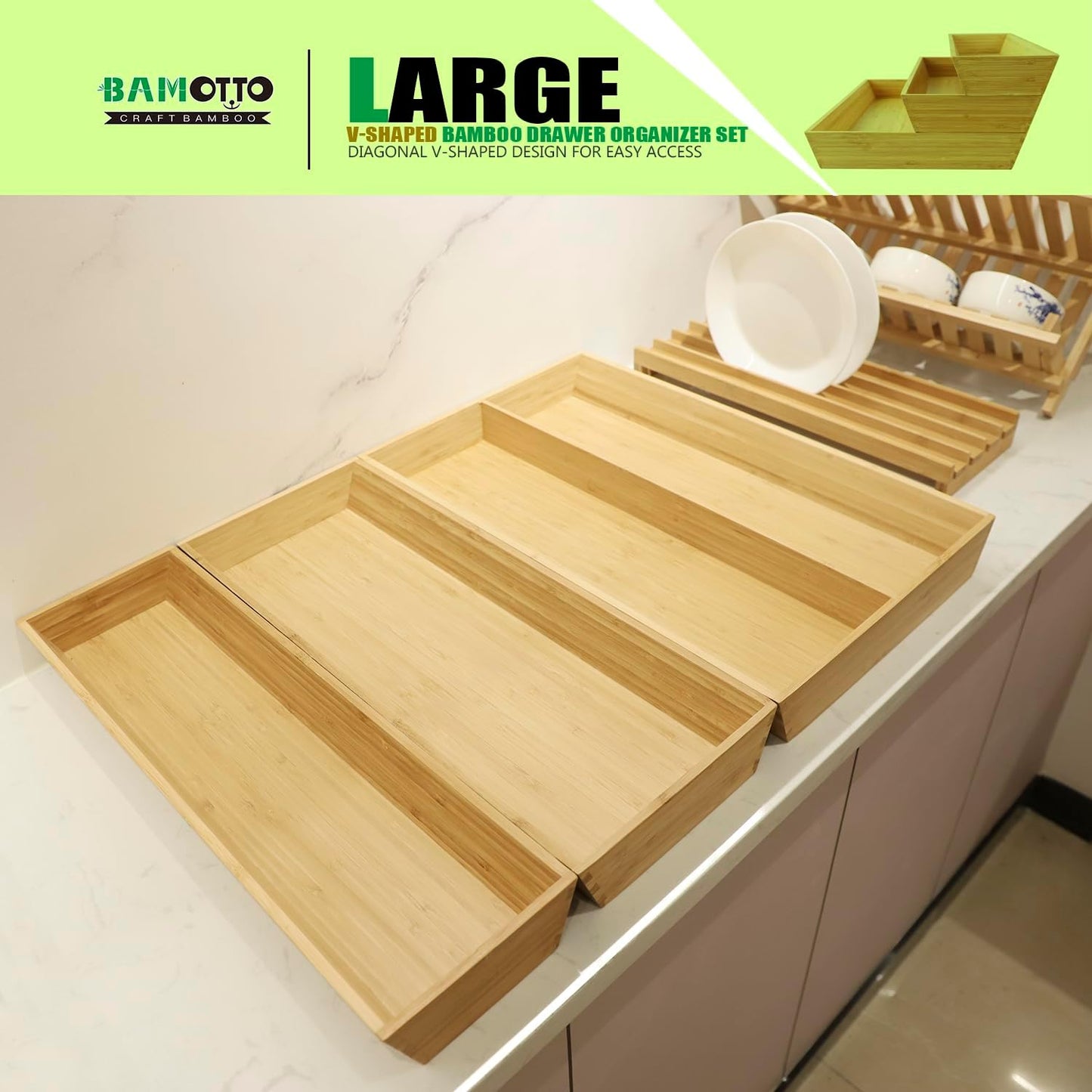 V-Shaped Bamboo Drawer Organizer Set of 3, Kitchen Large and Long Utensil Plate, Flatware &
