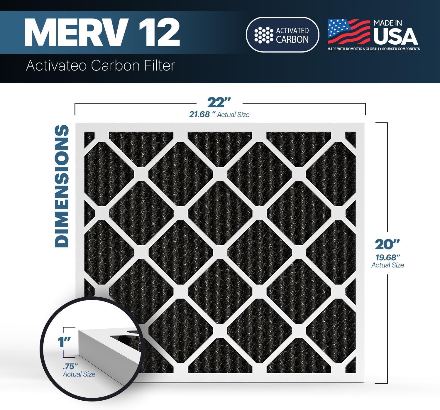BNX TruFilter 20x22x1 MERV 12 Odor Defense (6-Pack) AC Furnace Air Filter with Activated Carbon