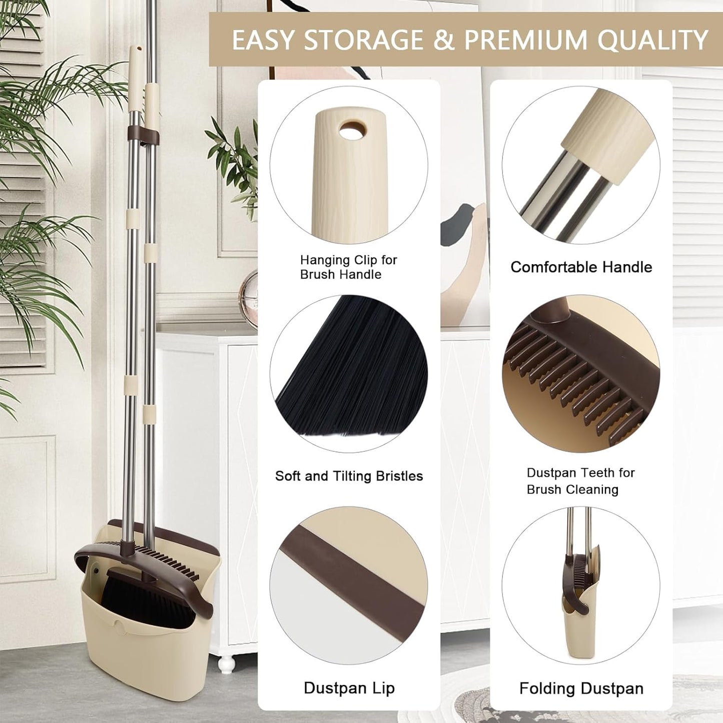 Broom and Dustpan Set, Dustpans with Broom Combo for Home, Heavy Dust Broom and Dustpan Combo, Long