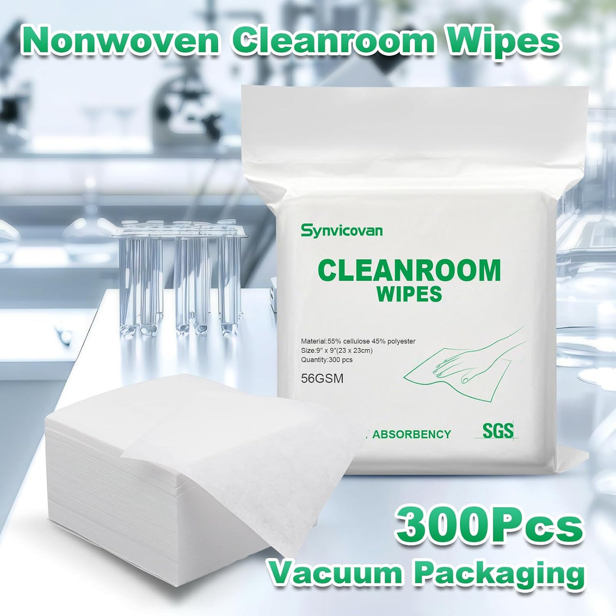 Cleanroom Wipes 9"x9" (300 Pcs, Cellulose/Polyester Blend, Grade B, 56GSM) Lint Free Wipes for