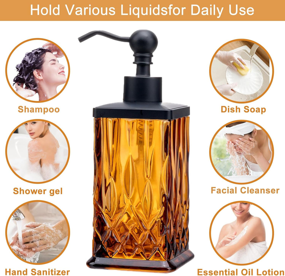 10Oz Amber Glass Soap Dispenser,Heavy Glass & Leak-Proof Rust-Resistant Pump for Kitchen Dish Soap