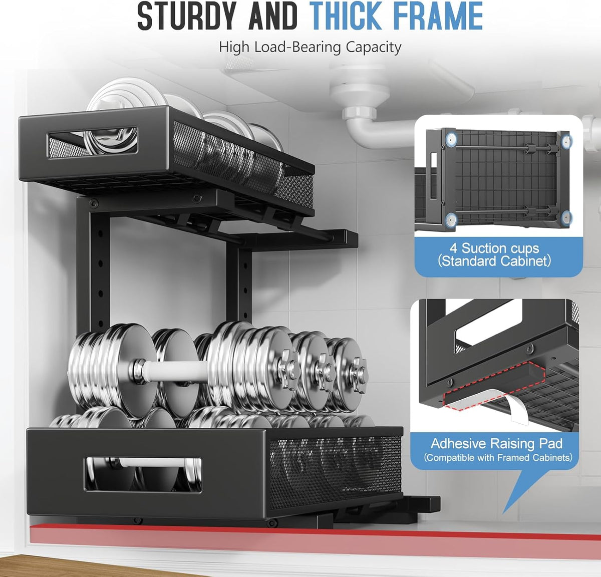 1 Pack-11.4"-16.14"H Under Sink Storage Organizer, Large 2-Tier Elegant Mesh Pull Out Shelf for