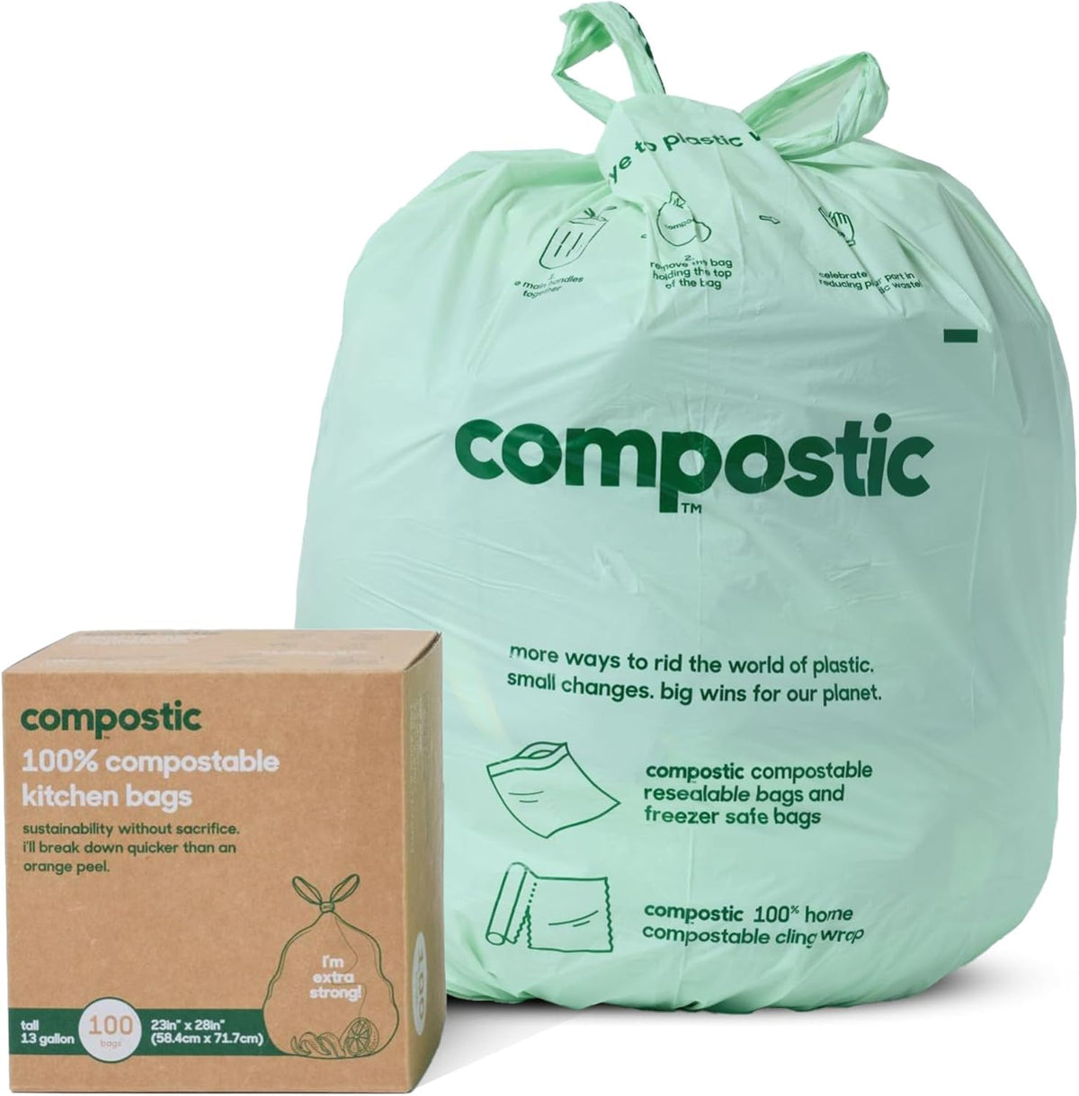 Compostic Home Compostable Trash Bags, 13 Gallon Tall Kitchen Rubbish Bags (23” x 29”), Extra