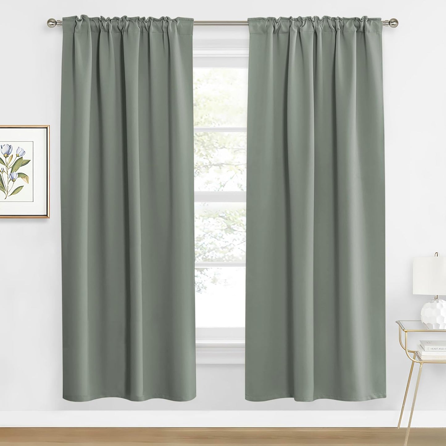 RYB HOME Sage Green Curtains for Living Room, Elegent Farmhouse Vertical Back Tab& Rod Pocket