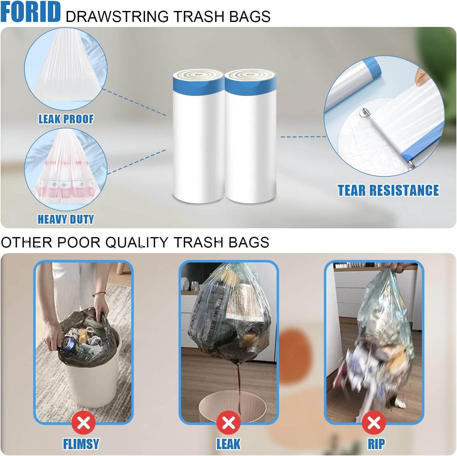 FORID Mini Drawstring Trash Bags - 2 Gallon Small Bathroom Garbage Bags White Plastic Trash Can