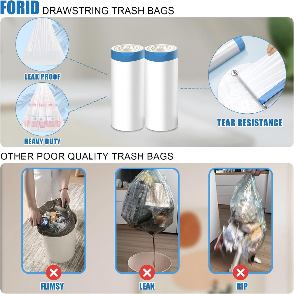 FORID Small Drawstring Trash Bags - 4 Gallon Plastic Garbage Bags White Unscented Can Liners 60