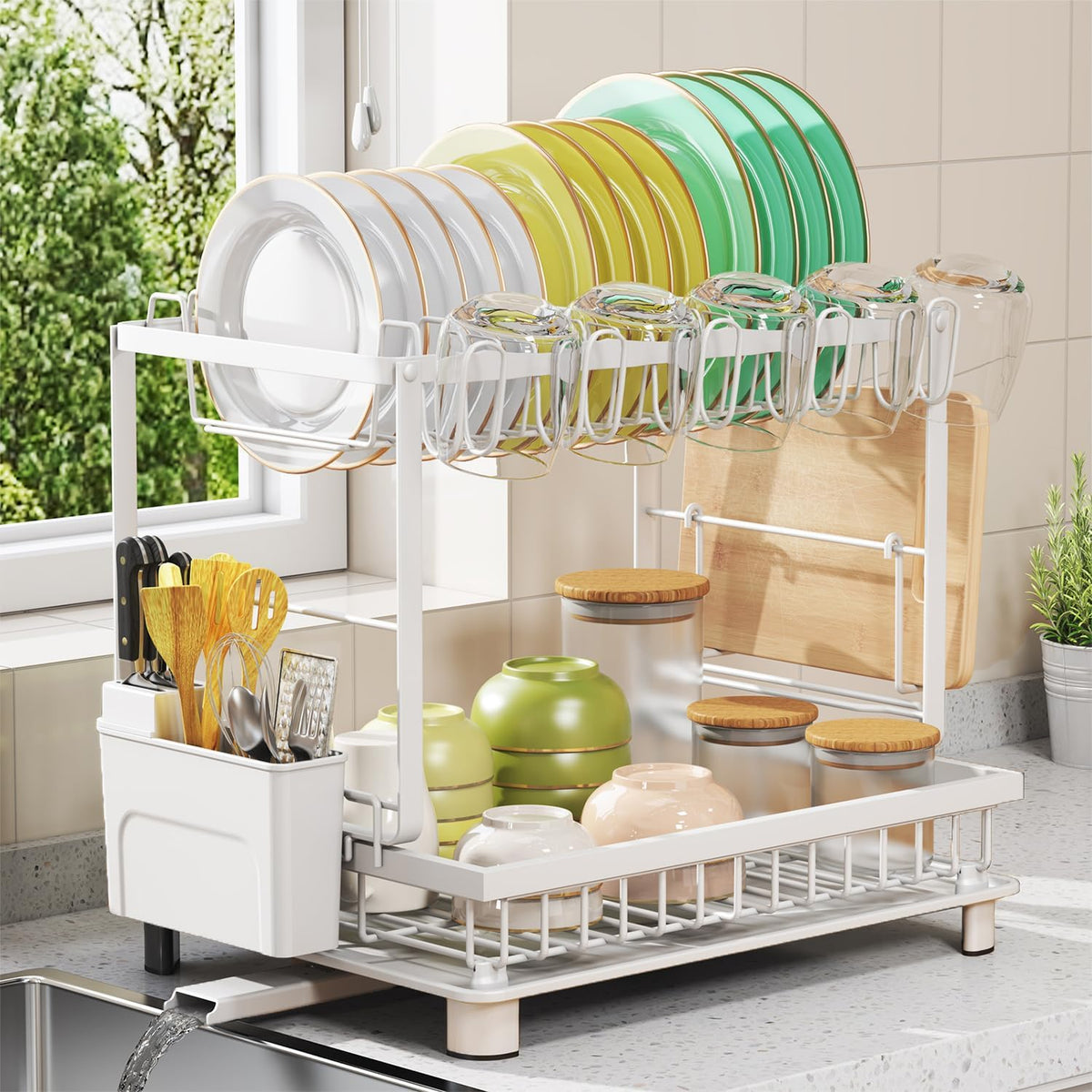 Multifunctional Dish Drying Rack - Rustproof, 2-Tier Dish Racks with Drainboard, Space-Saving
