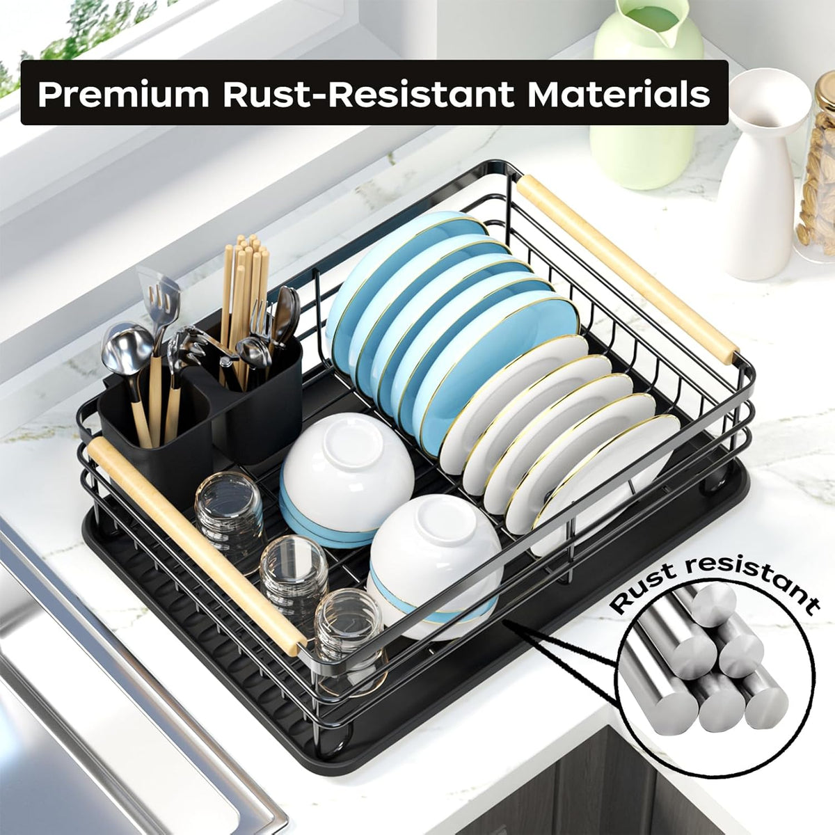 Dish Racks for Kitchen Counter: Wooden Handles, Thickened Metal, No Assembly. Small Dish Drying