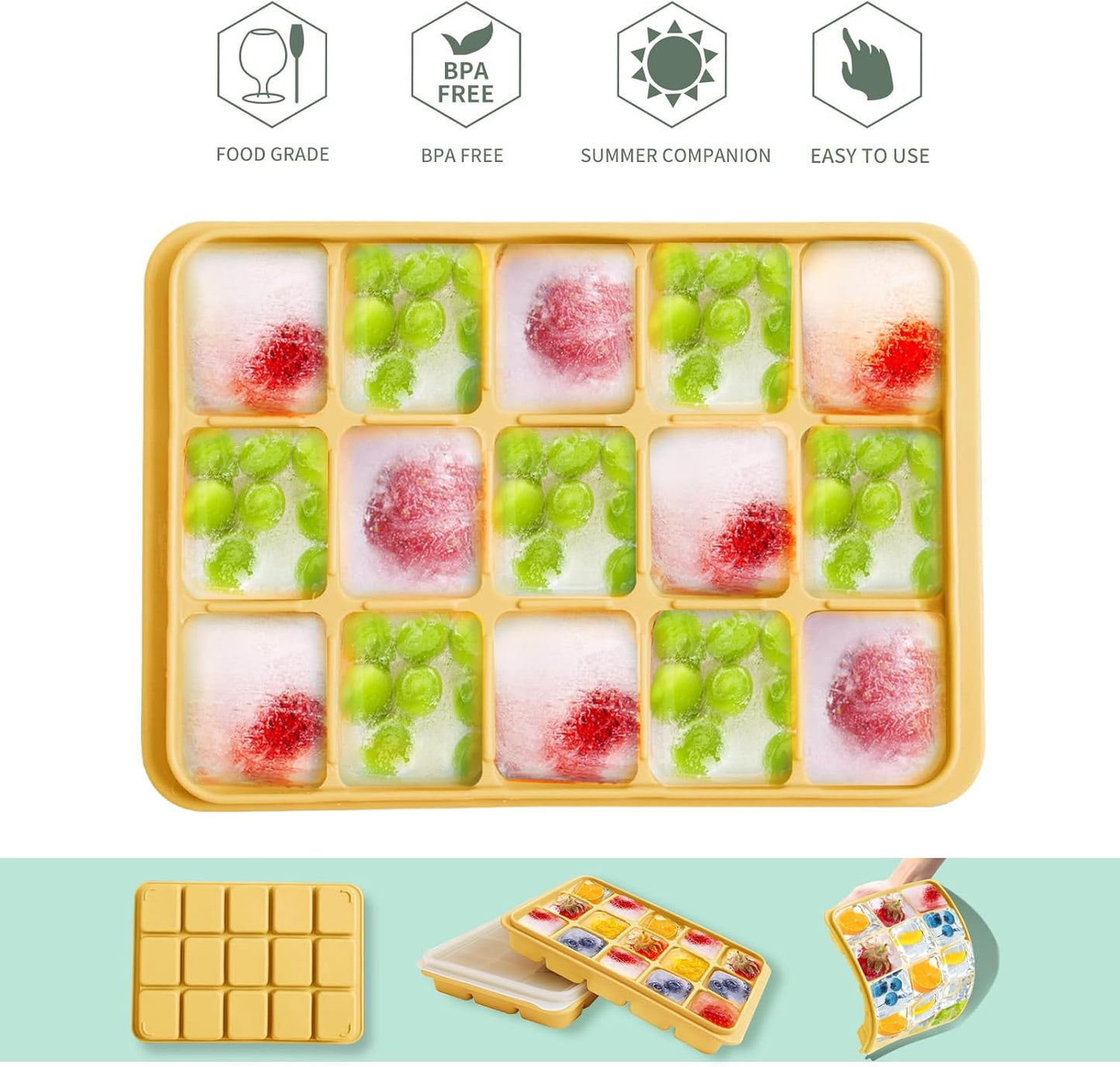 Tvmania Ice Cube Trays Set of 2, Easy Release 15 Flexible Silicone Ice Cube Molds with Removable