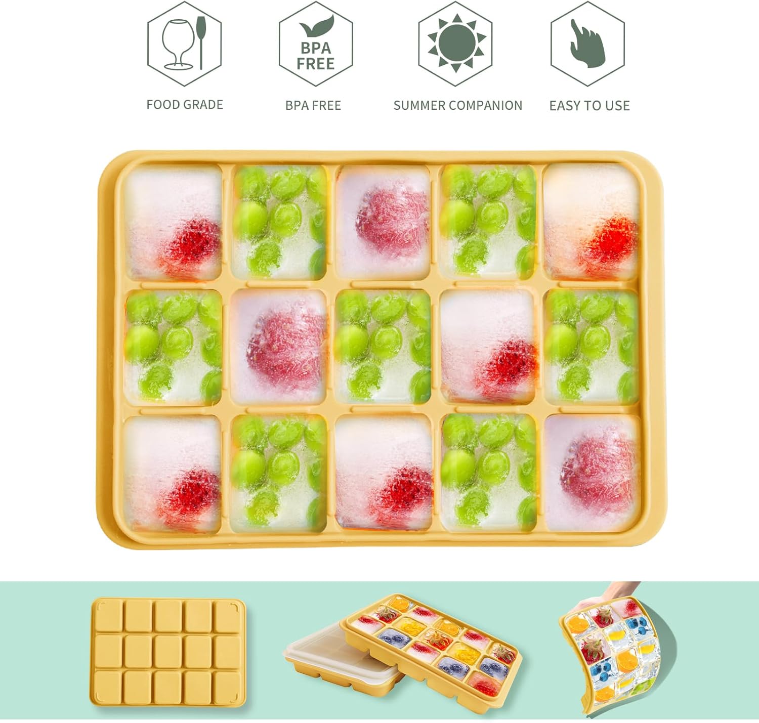 Tvmania Ice Cube Trays Set of 2, Easy Release 15 Flexible Silicone Ice Cube Molds with Removable