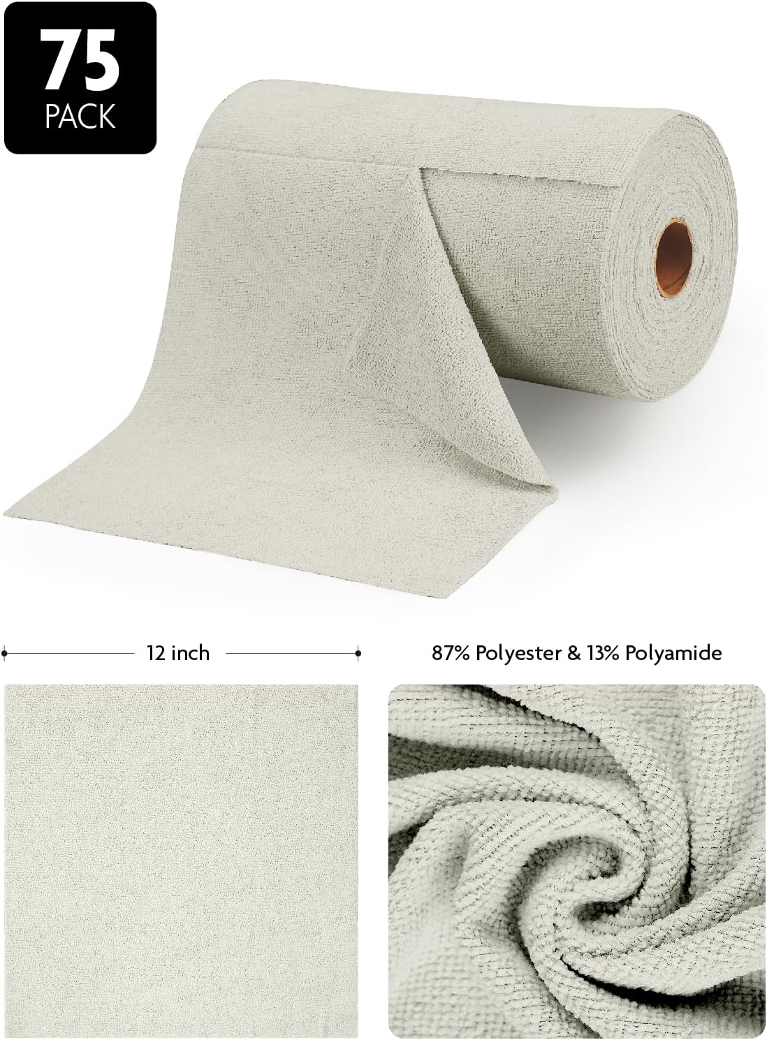 Fantasticlean Microfiber Cleaning Cloth Roll -75 Pack, Tear Away Microfiber Towels, 12" x 12"