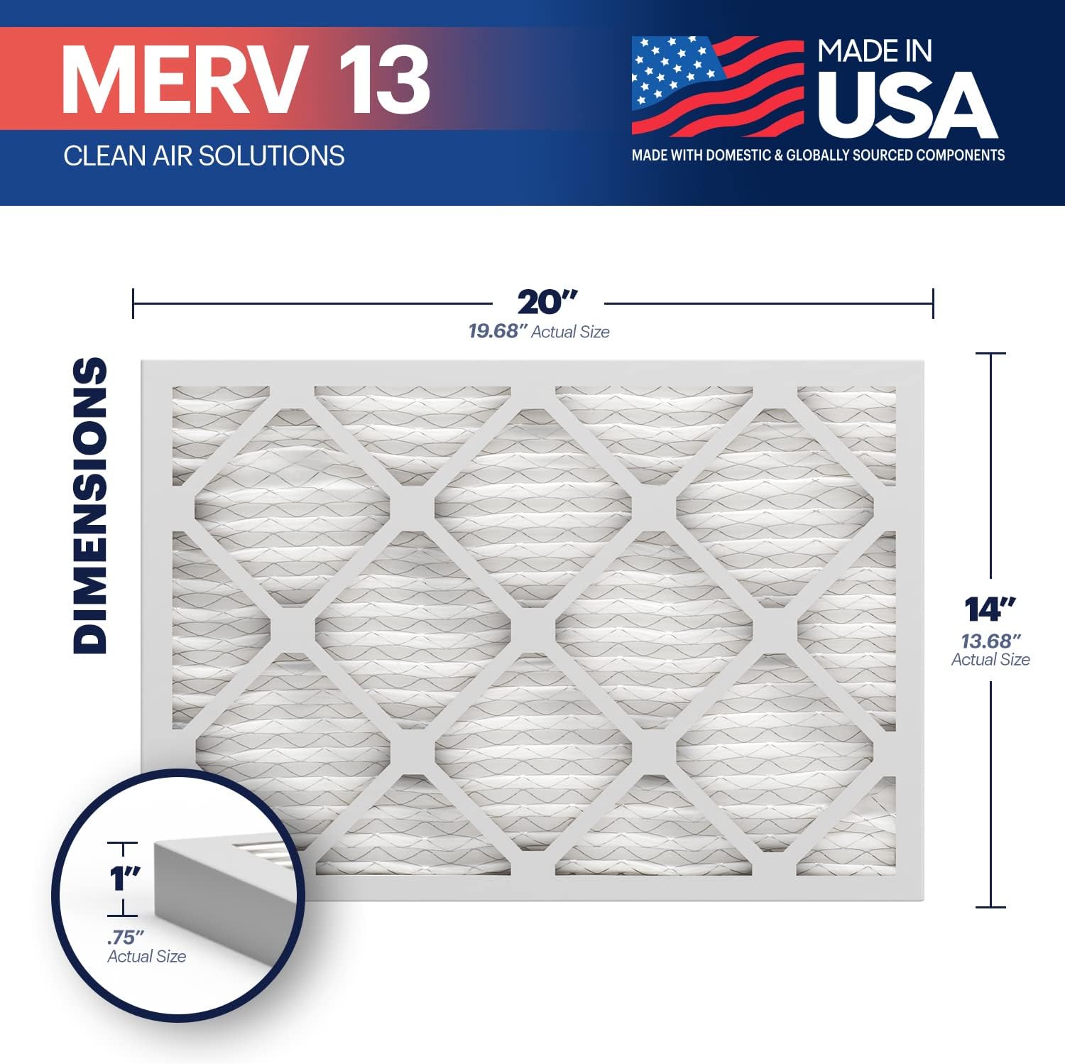 BNX TruFilter 14x20x1 Air Filter MERV 13 (4-Pack) - MADE IN USA - Electrostatic Pleated Air