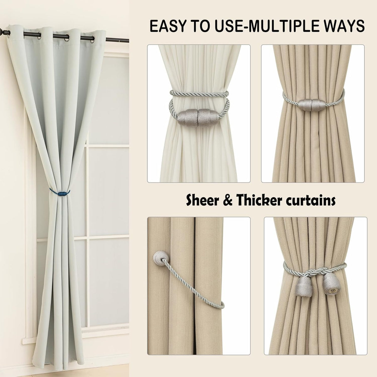 Magnetic Curtain Tiebacks Rope Curtain Tie Backs for Curtains 6 Pack Curtain Holders for Drapes