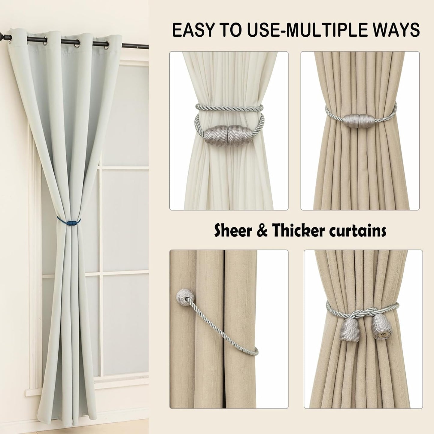 Magnetic Curtain Tiebacks - Rope Tiebacks for Curtains & Drapes, Decorative Window Holdbacks, Grey