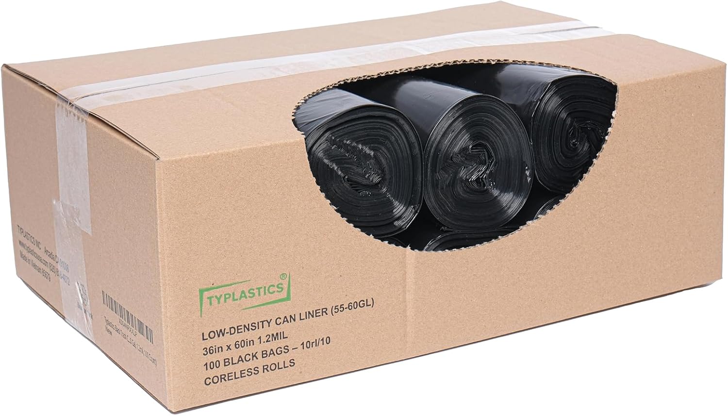 TYPLASTICS Heavy Duty 55-60 Gallon Trash Can Liners, 36" x 60", 1.2Mil, Black Garbage Bags