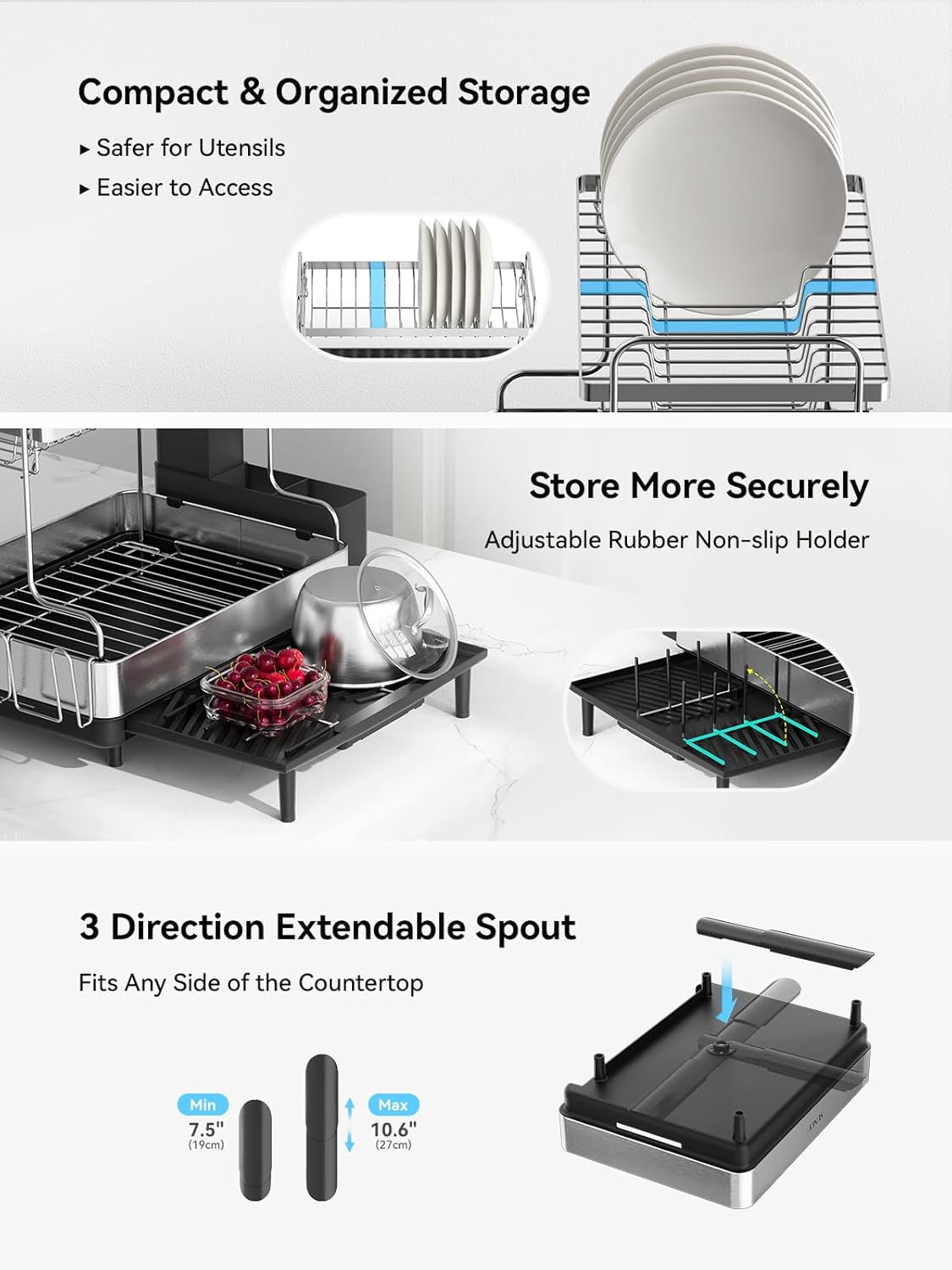 SUNLY 2 Tier Dish Drying Rack, Extra Large Dish Rack, Expandable Dish Racks for Kitchen Counter