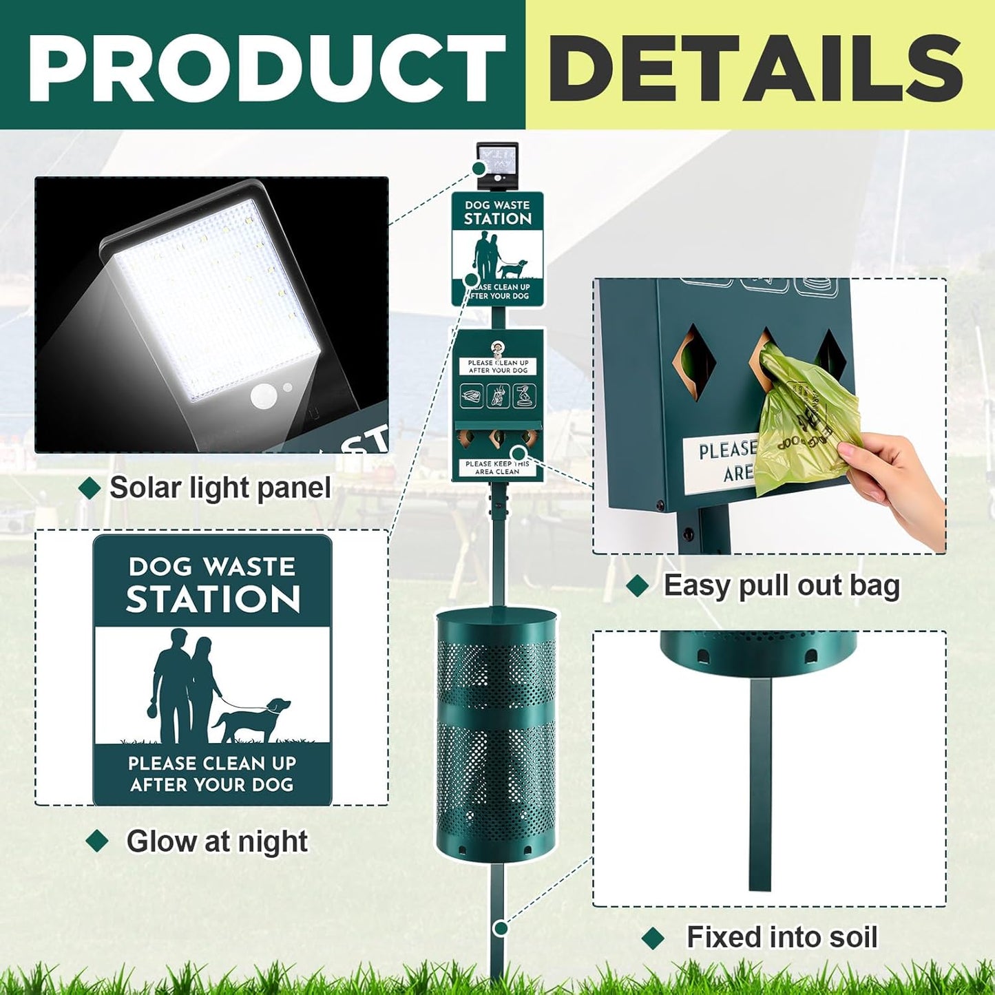 Dog Waste Station with Solar Panels Outdoor LED Galvanized Steel Dog Trash Bin with Poop Bag