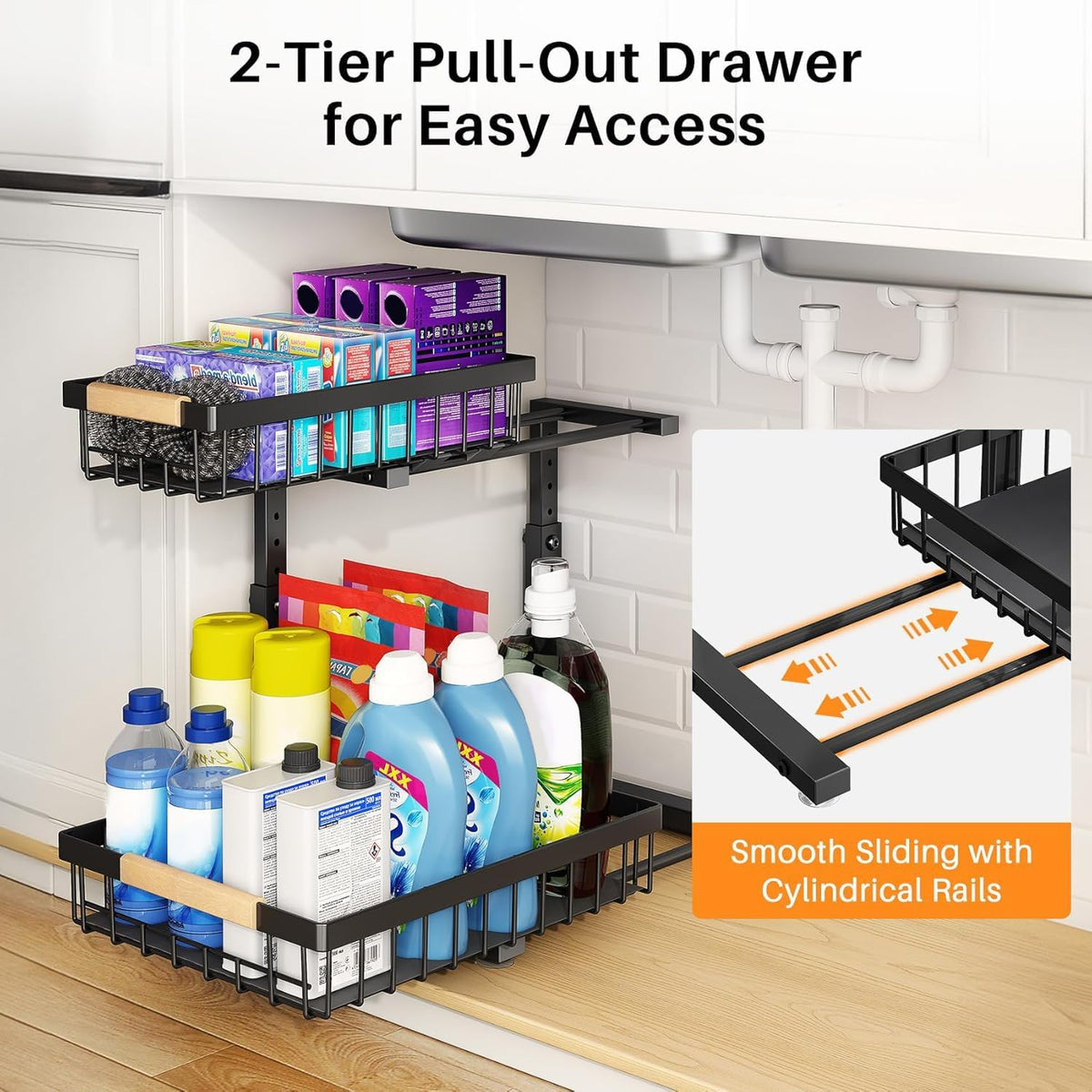 PXRACK Large Under Sink Organizer, Adjustable Height, 2-Tier Slide Out,Thickened Metal Shelf Under