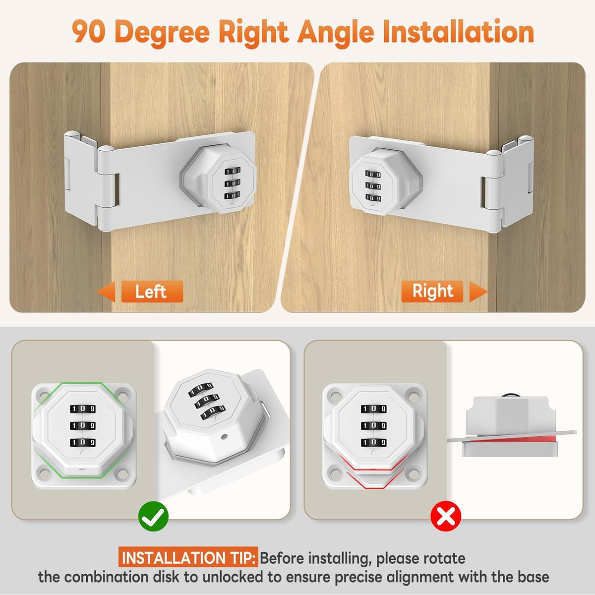 90 Degree 3-Digit Combination Cabinet Lock, Zinc Alloy Keyless Folding Hasp Lock Latch, Password