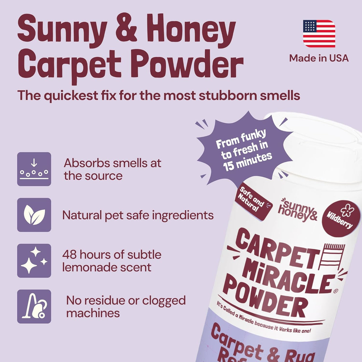 Sunny & Honey Carpet Freshener Powder - 20 Oz Pack, Wildberry Scent - Carpet Deodorizer Powder &