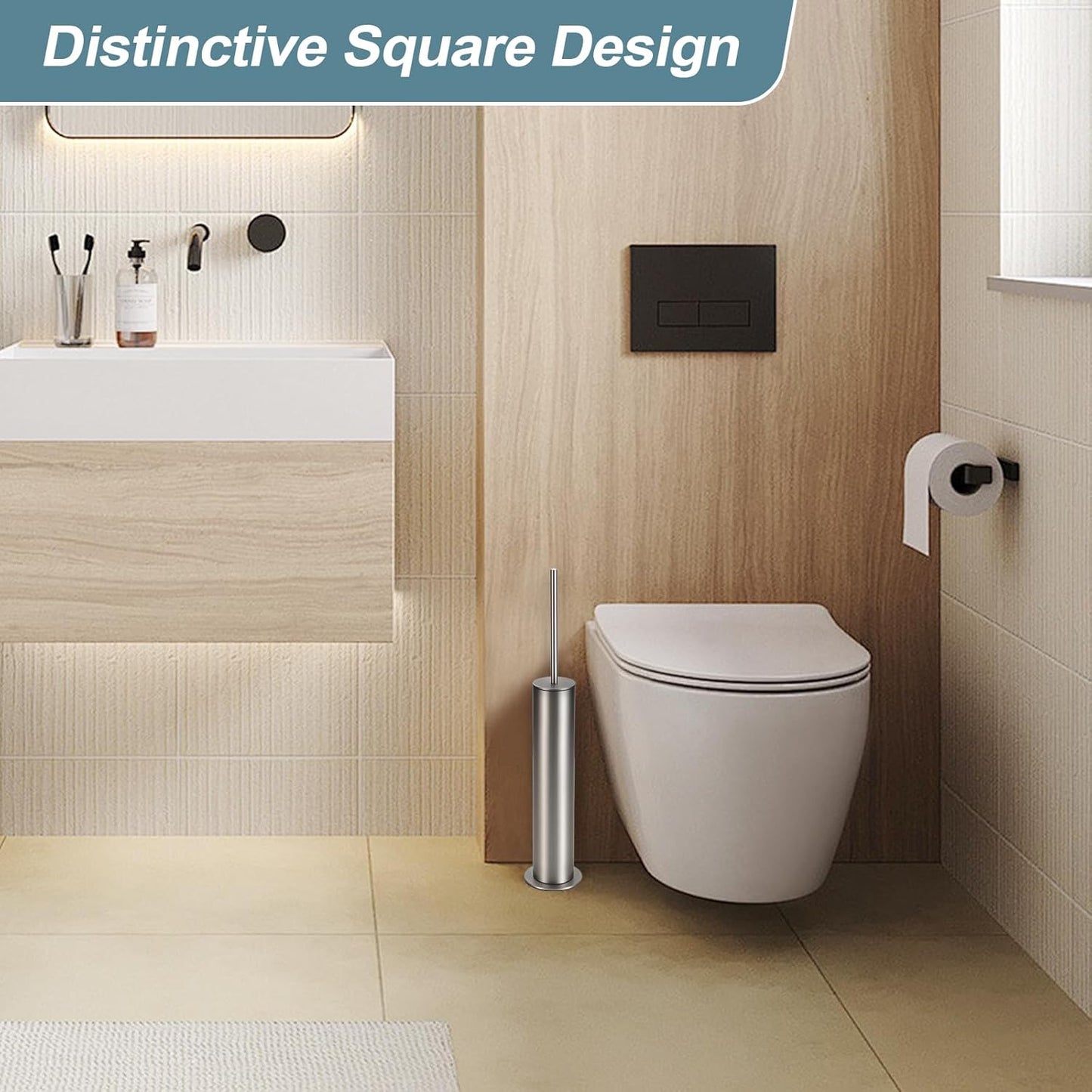 BGL Toilet Brush and Holder Set, Heavy Duty 304 Stainless Steel, Round Base and Long Handle for