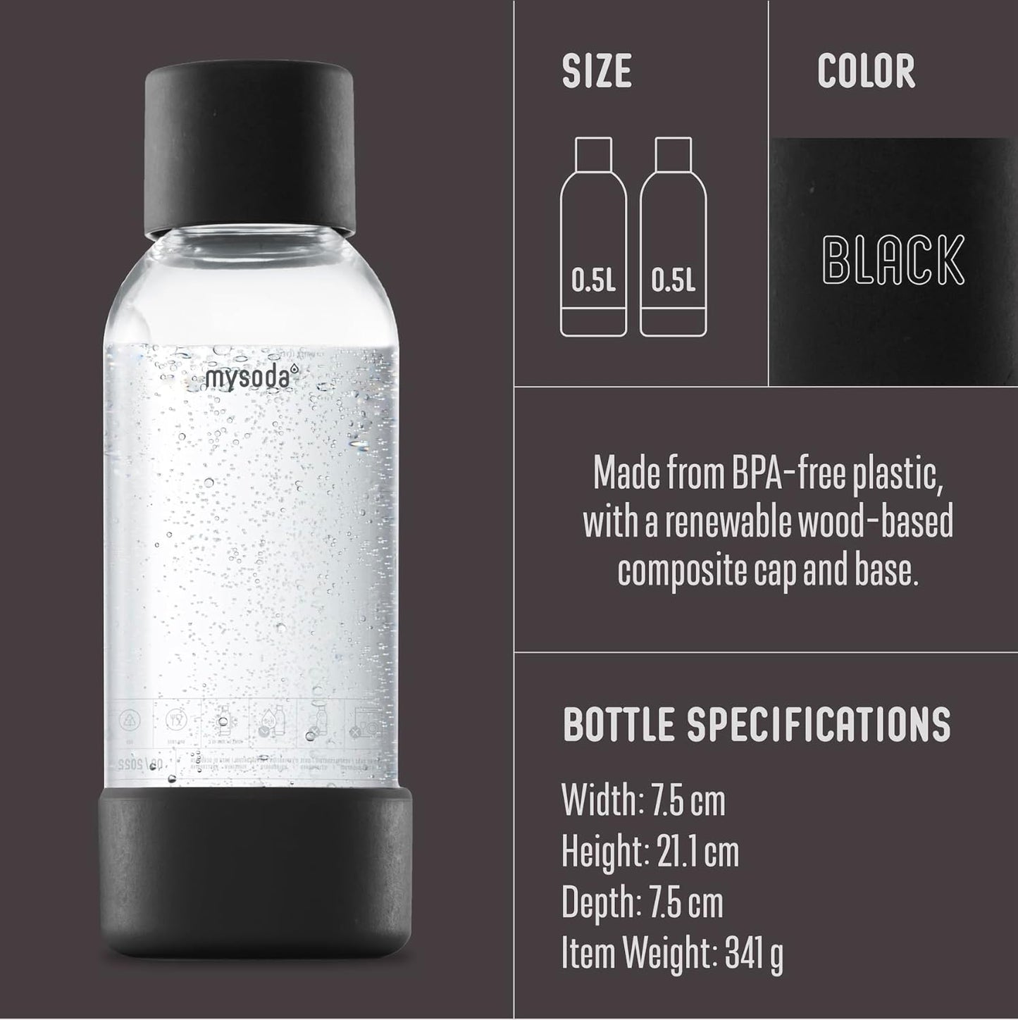 Mysoda Carbonating Bottles 2Pck 0.5L - Compatible with MySoda and any brands - Quick-Lock Reusable