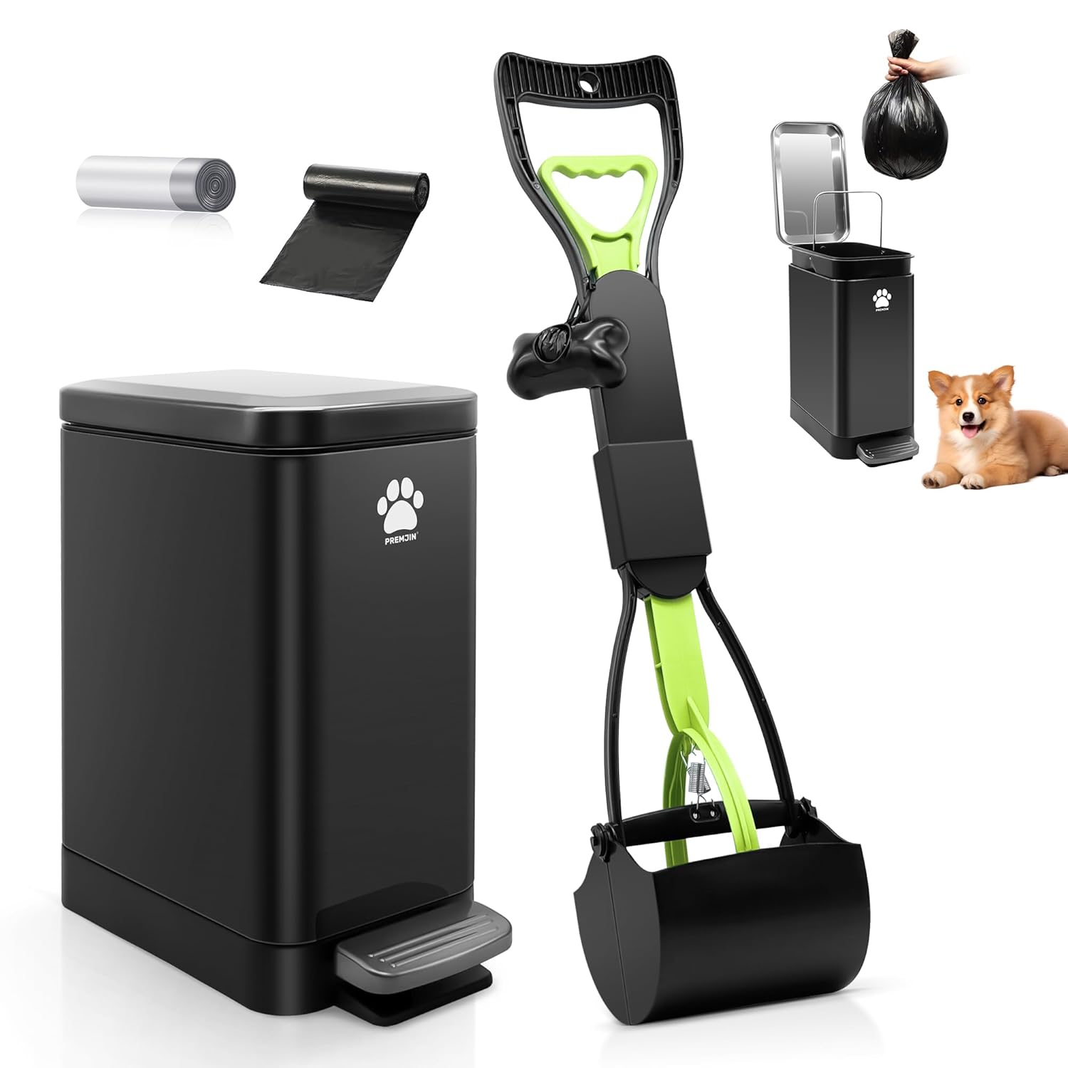 Dog Poop Trash Can Outside with Poop Scooper for Dogs, 12L/3.2Gal Metal Outdoor Garbage Can with