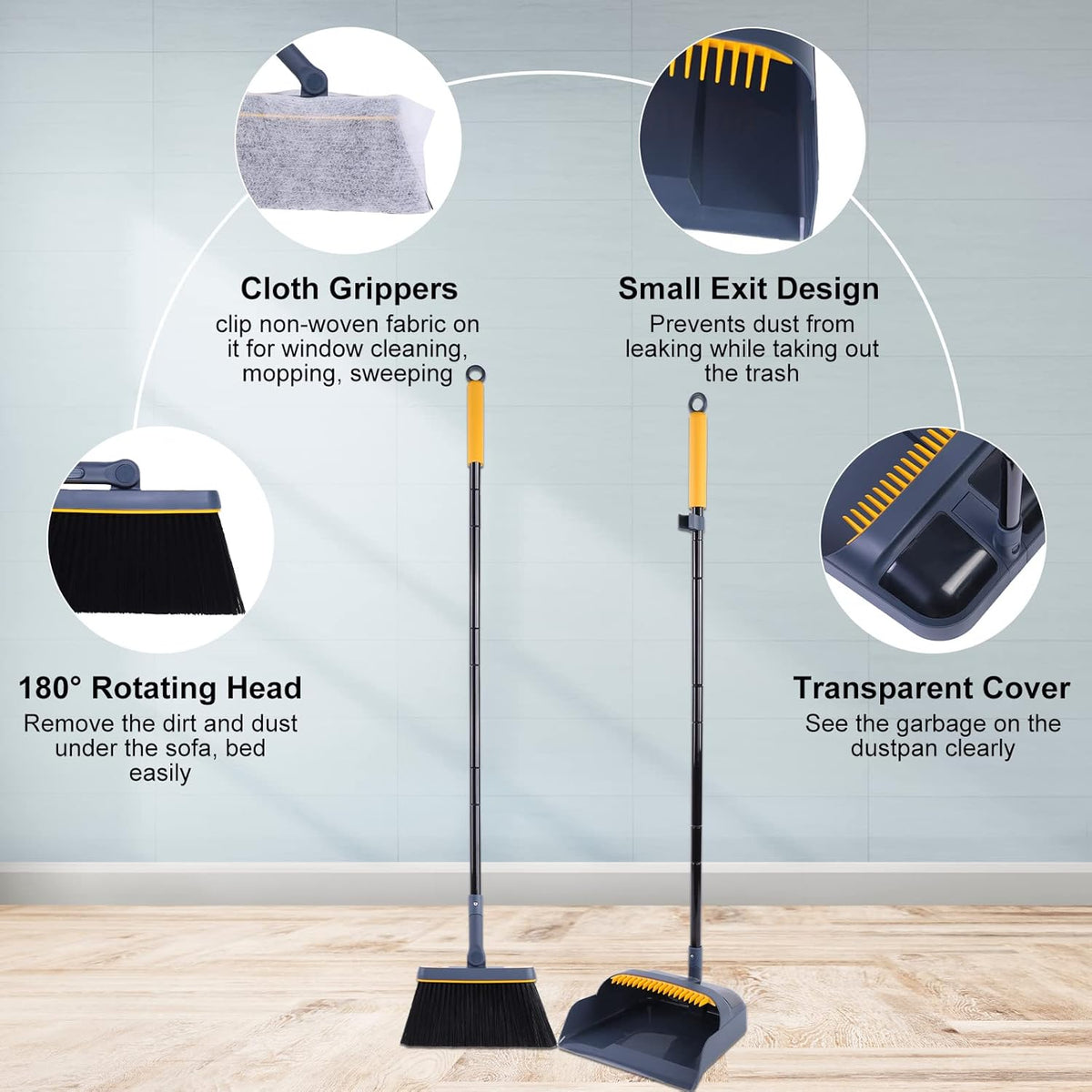 JEHONN Broom and Dustpan Set for Home, 54 Inches Long Handle Lightweight 180 Degree Rotating Indoor