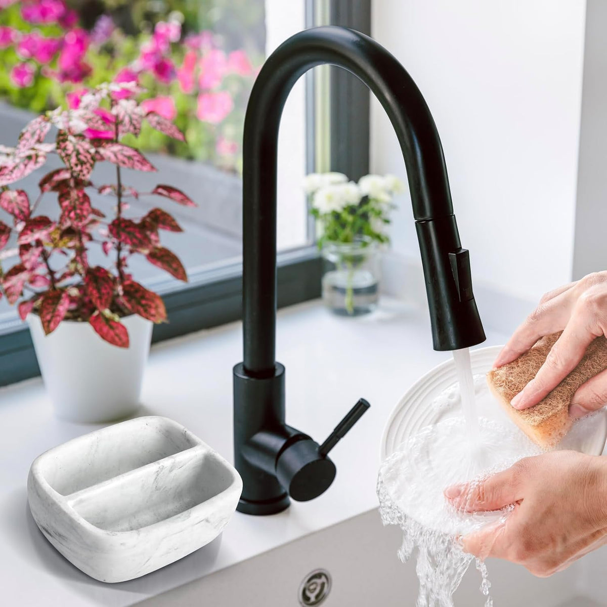 MyGift Modern White Resin Sponge Holder for Kitchen Sink, Countertop Dish Sponge Holder with 2