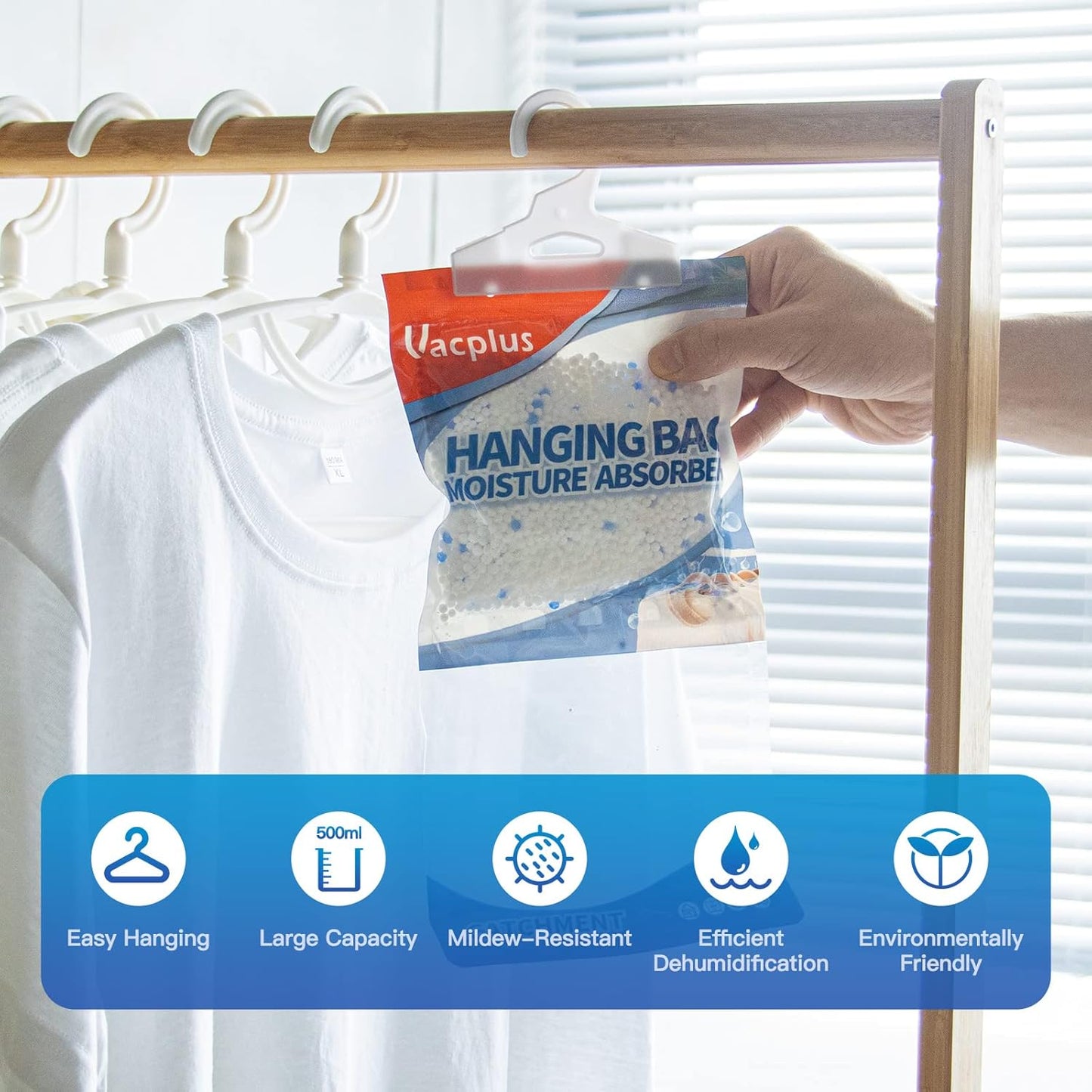 Vacplus Moisture Absorbers, Hanging Closet Dehumidifier Bags, Humidity Packs, Desiccant, Closet
