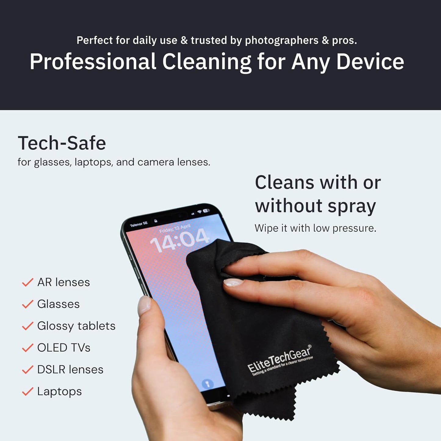 Elite Screens Microfiber Cleaning Cloth for Glasses & Electronics - 12" x 12", Pack of 4, Black