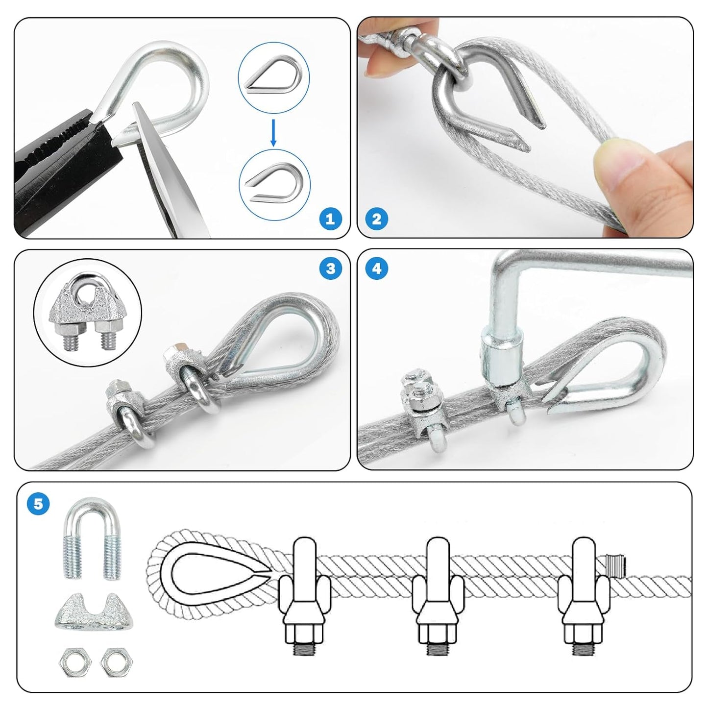 3/16" Wire Rope Kit, 100Ft PVC Coated Steel Cable Guide Wire Tensioner Strainer Kit w/ 7×7 Strand