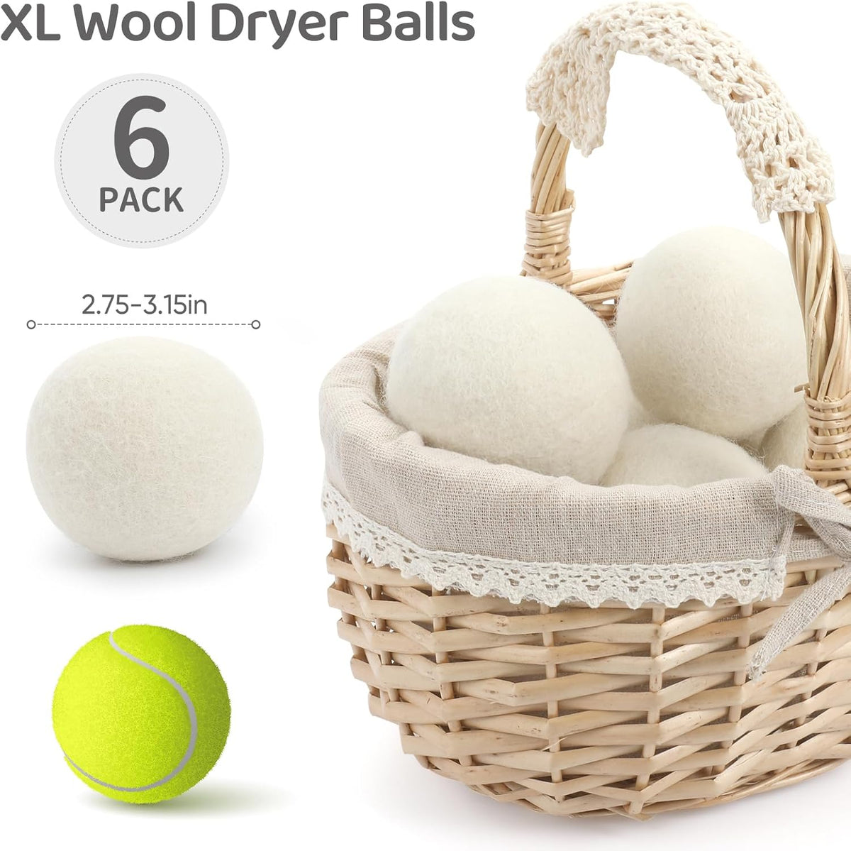 Wool Dryer Balls 6 Pack, Natural Fabric Softener, Dryer Balls Laundry Reusable, Reduces Clothing