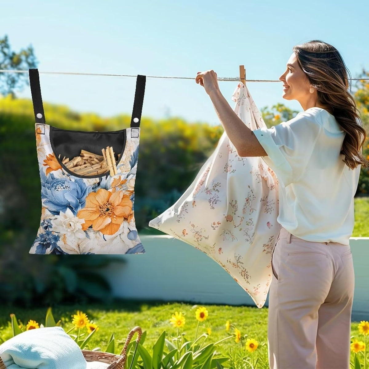 Art Flowers Clothespin Bag with Hanging Hook Summer Laundry Clothes Pin Holders Waterproof Clothes