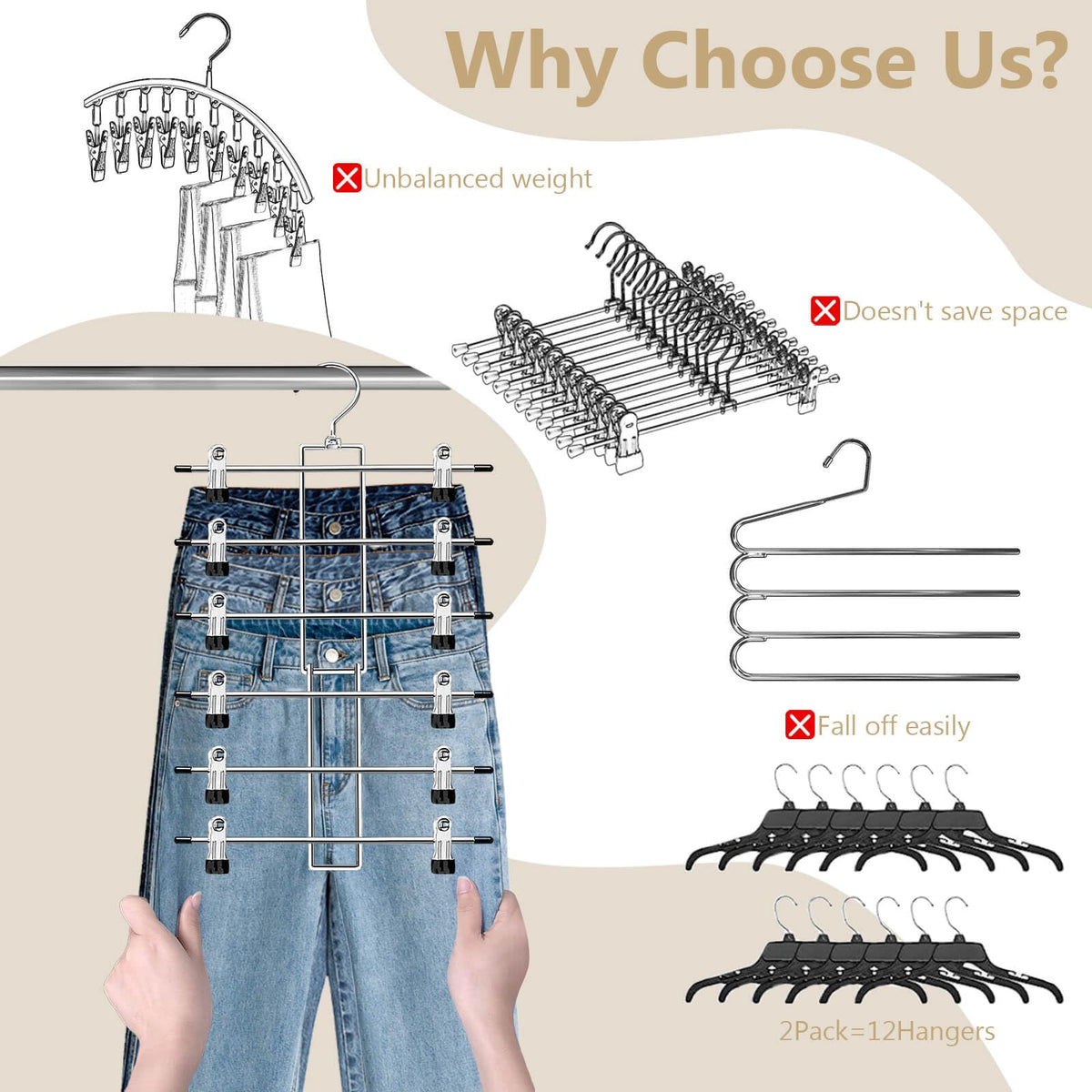Pants Hangers with Clips,Space Saving Hanging Closet Organizer-6 Tiers Skirt Hangers with 360°