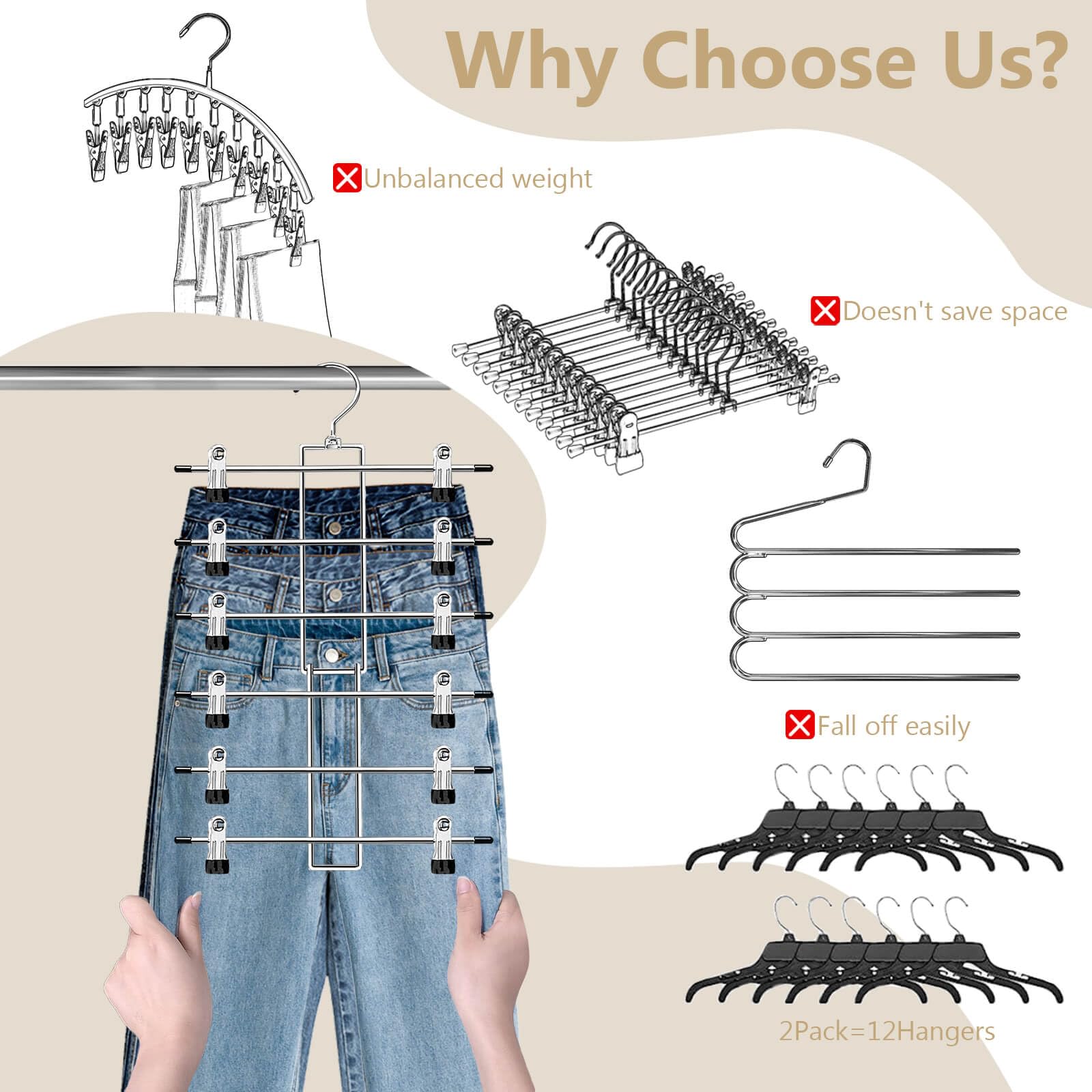 Pants Hangers with Clips,Space Saving Hanging Closet Organizer-6 Tiers Skirt Hangers with 360°