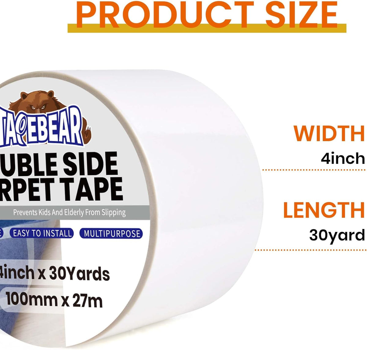 TAPEBEAR Carpet Tape Double Sided 4Inch x 30Yards, Heavy Duty Rug Gripper Anti Slip Anti Curling