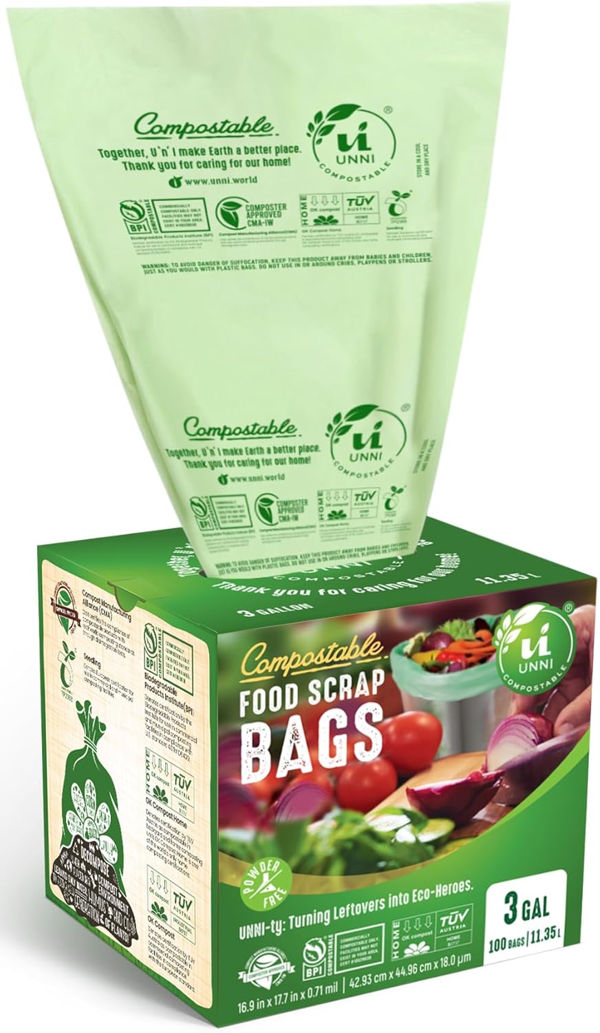 UNNI Compostable Trash Bags, 3 Gallon / 11.35 Liter, 600 Count Value Pack, Extra Thick 0.71 Mil
