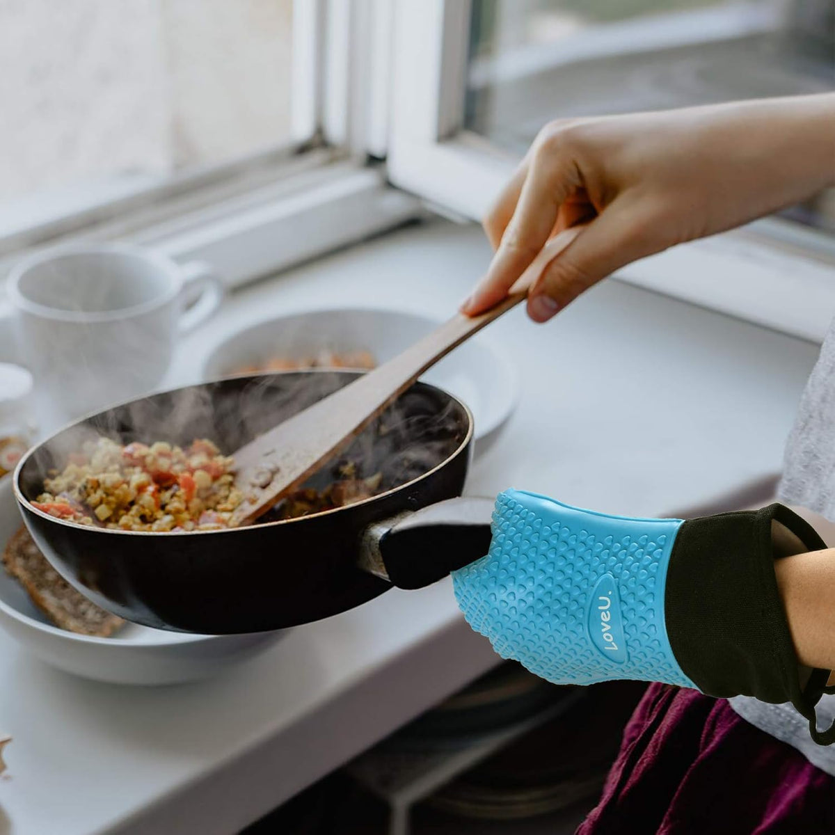 Kitchen Oven Gloves - Dual-Layer Heat Resistant Grilling Gloves, Silicone Oven Mitts with 5