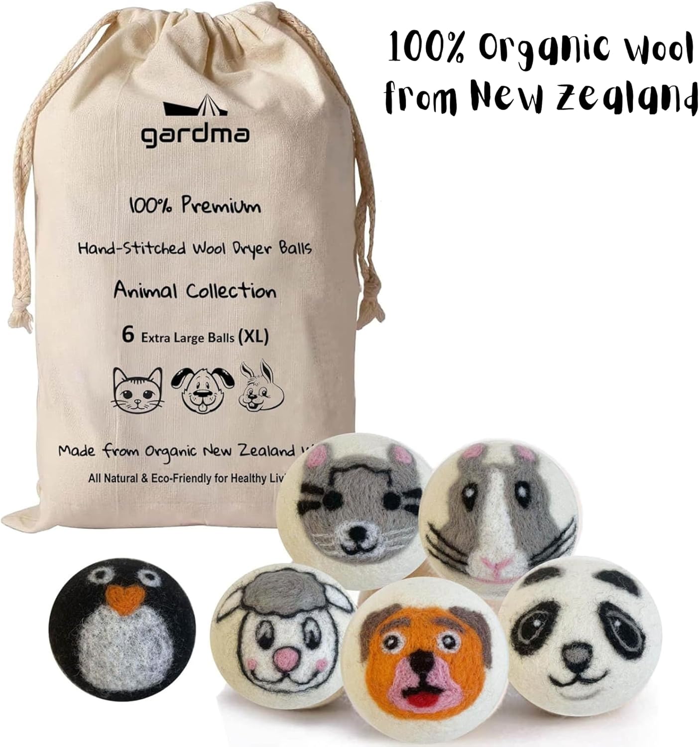 Wool Dryer Balls Organic Premium | Handcrafted Animal Collection A | 6 Balls XL, Ethically &