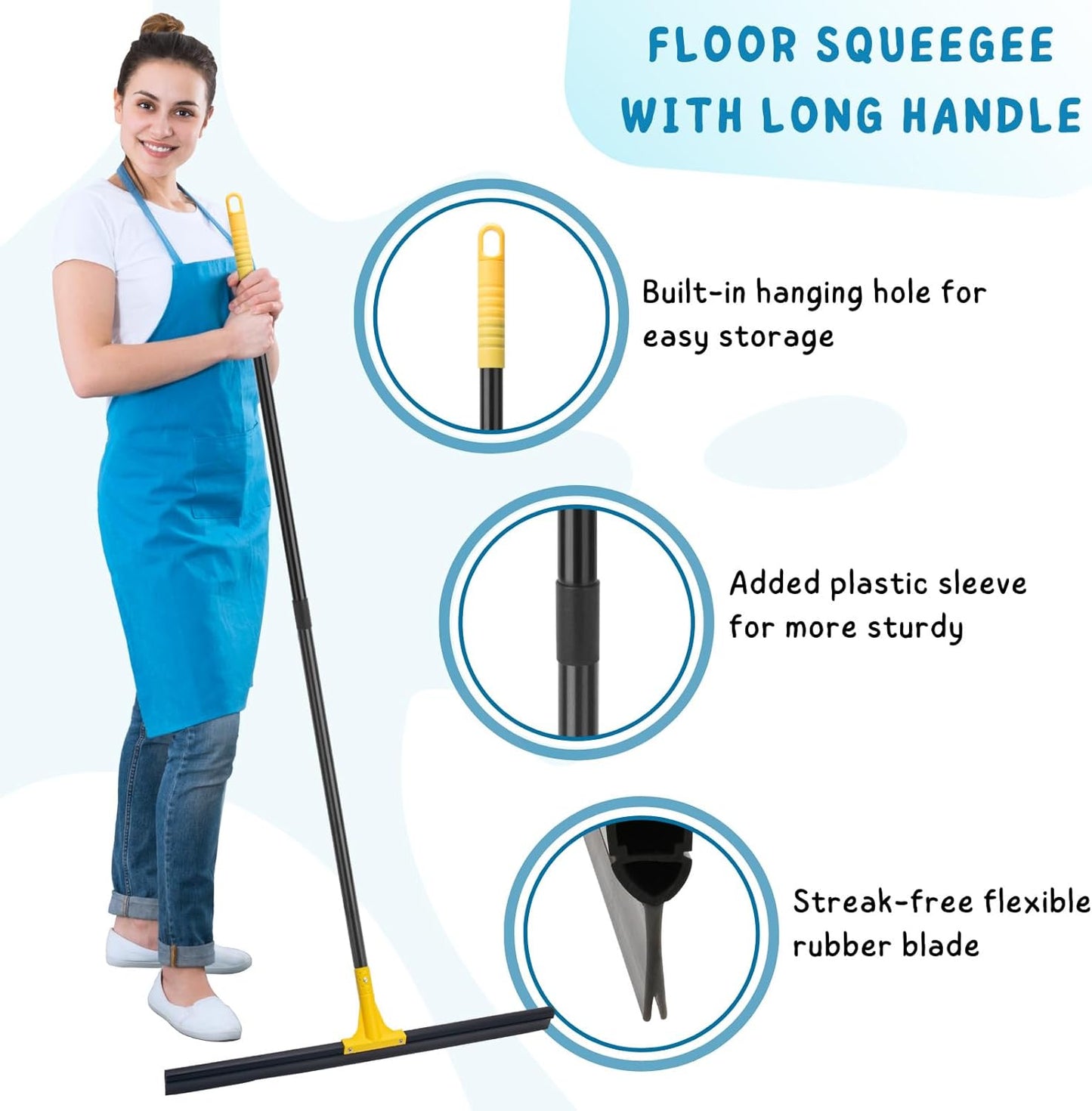 Floor Squeegee for Concrete, 30'' Large Rubber Broom for Tile, 59'' Long Handle Heavy Duty Water
